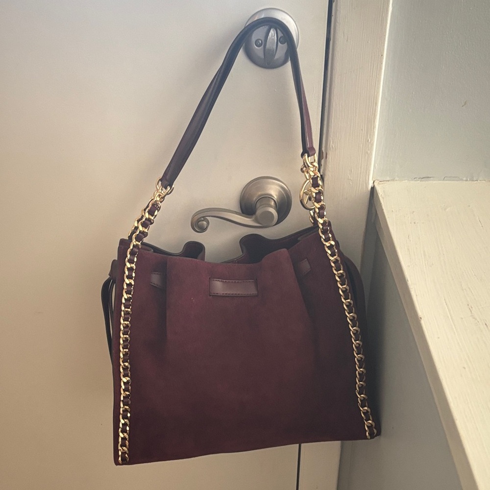 Michael Kors Burgundy Suede Shoulder Bag with Gold Chain - Picture 2 of 5
